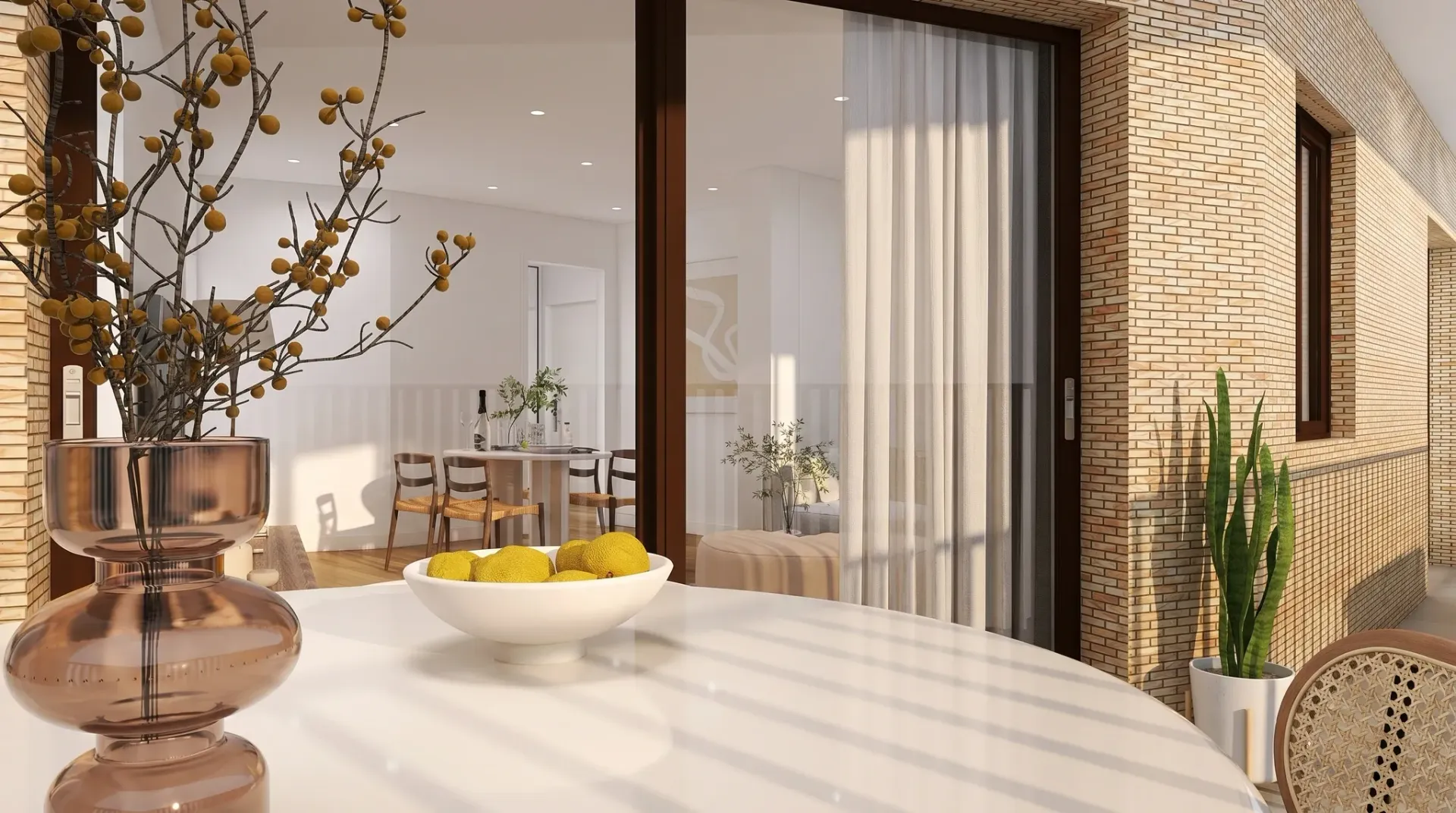 Render inmobiliario de terraza con mesa redonda y puerta corredera acristalada