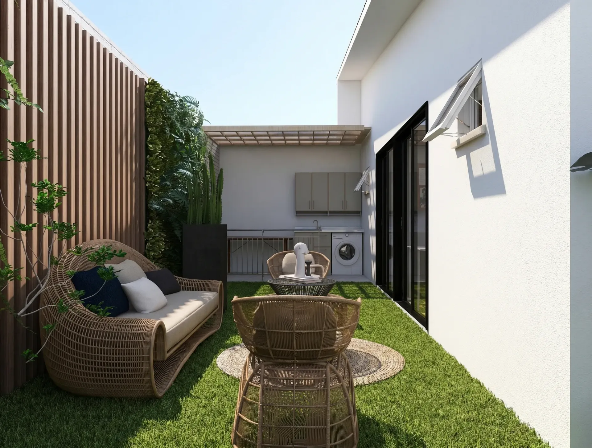 Render inmobiliario de vestidor luminoso con armario empotrado y banco tapizado