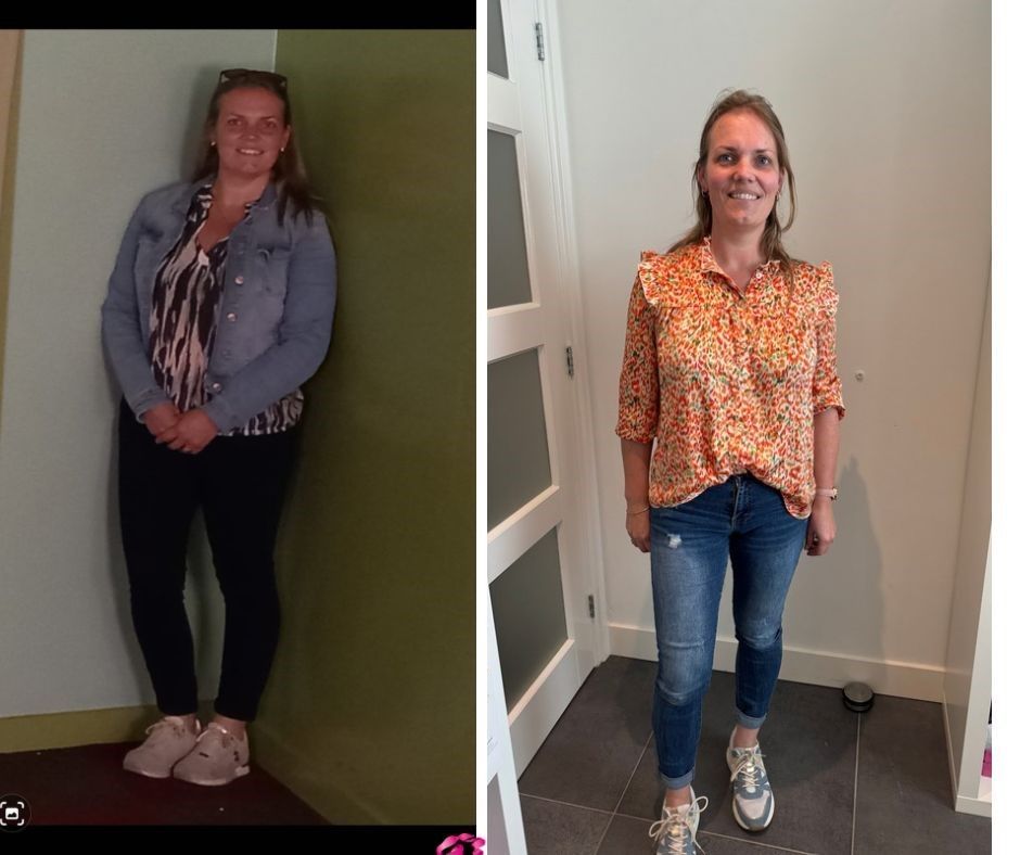 Een vergelijking van een persoon vóór en na gewichtsverlies, staand in een binnenruimte en gekleed in vrijetijdskleding.