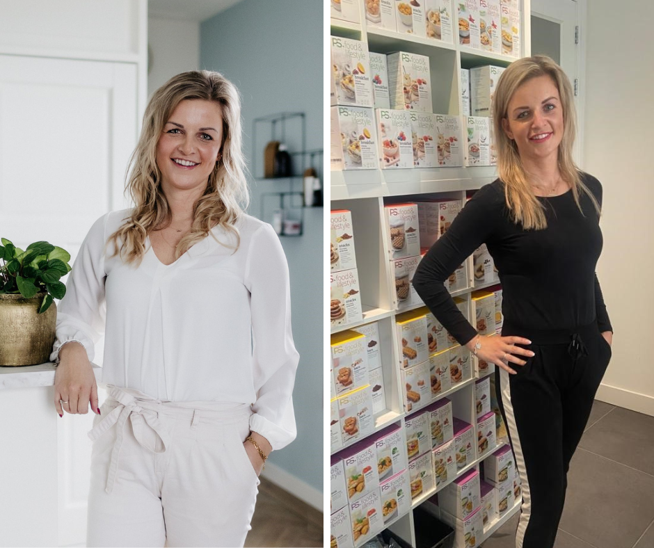 Een gesplitst scherm waarop dezelfde persoon in twee outfits te zien is: een witte blouse en broek links, zwarte sportkleding rechts.