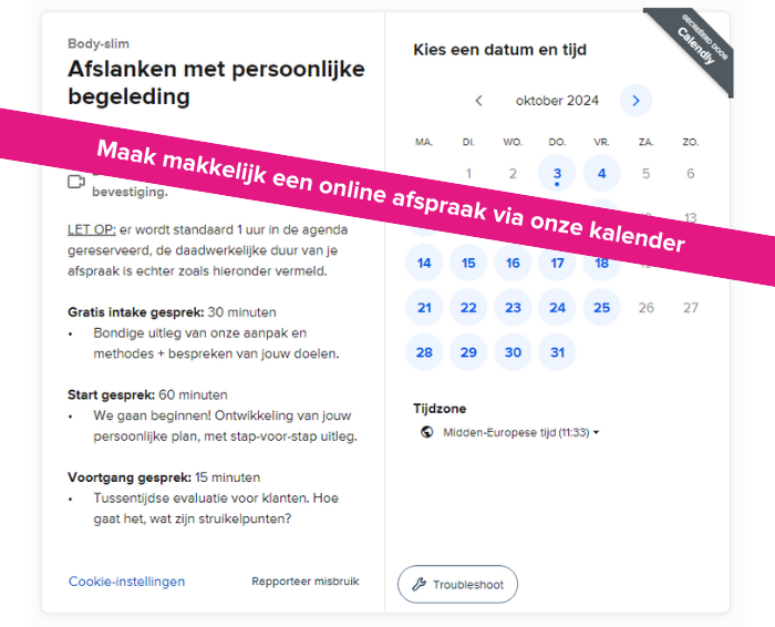 De Calendly-interface voor het boeken van persoonlijke coachingafspraken voor gewichtsverlies, met weergave van serviceopties en datumselectie.