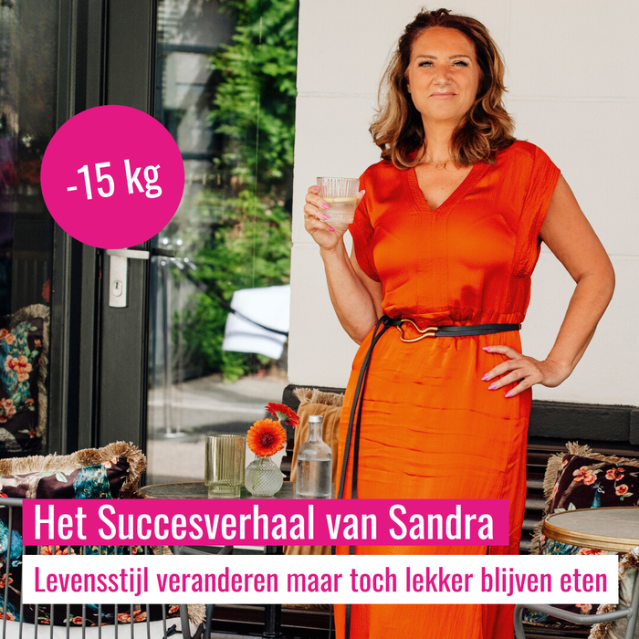 A smiling woman in an orange dress stands at a table. Text overlay reads 