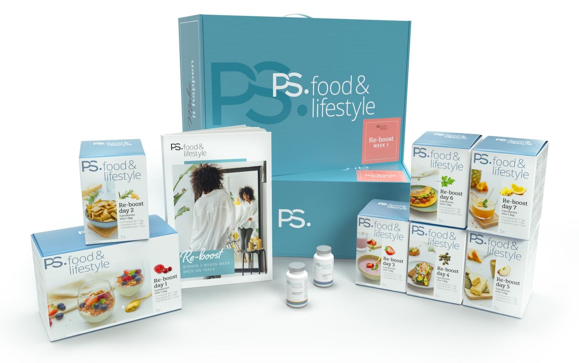 Een verzameling dozen met voedings- en lifestyleproducten van PS., flesjes met supplementen en een brochure, gepresenteerd op een witte achtergrond.