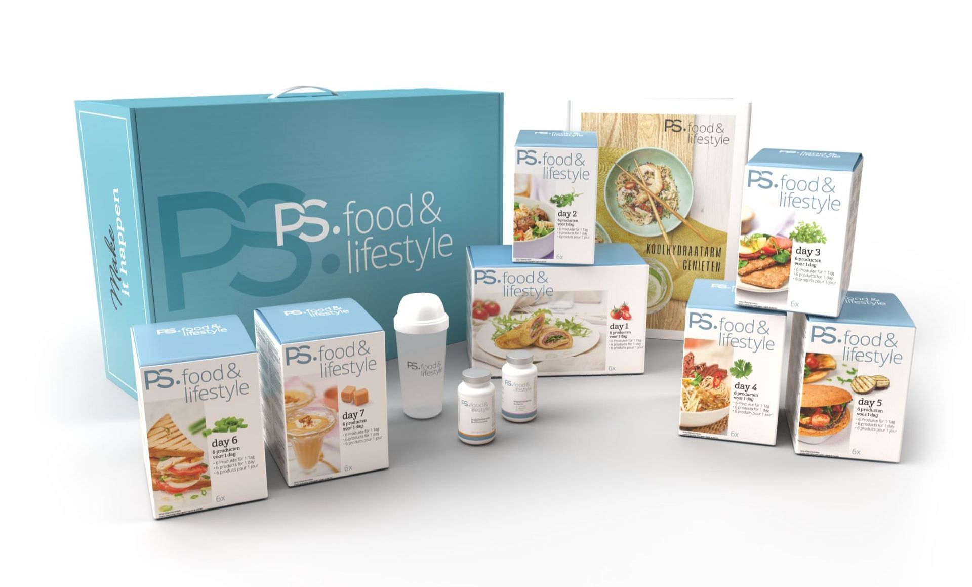 Een blauwe doos van PS. food & lifestyle met het logo van het merk, omringd door diverse verpakte maaltijdproducten, een shakerbeker en twee kleine flesjes.