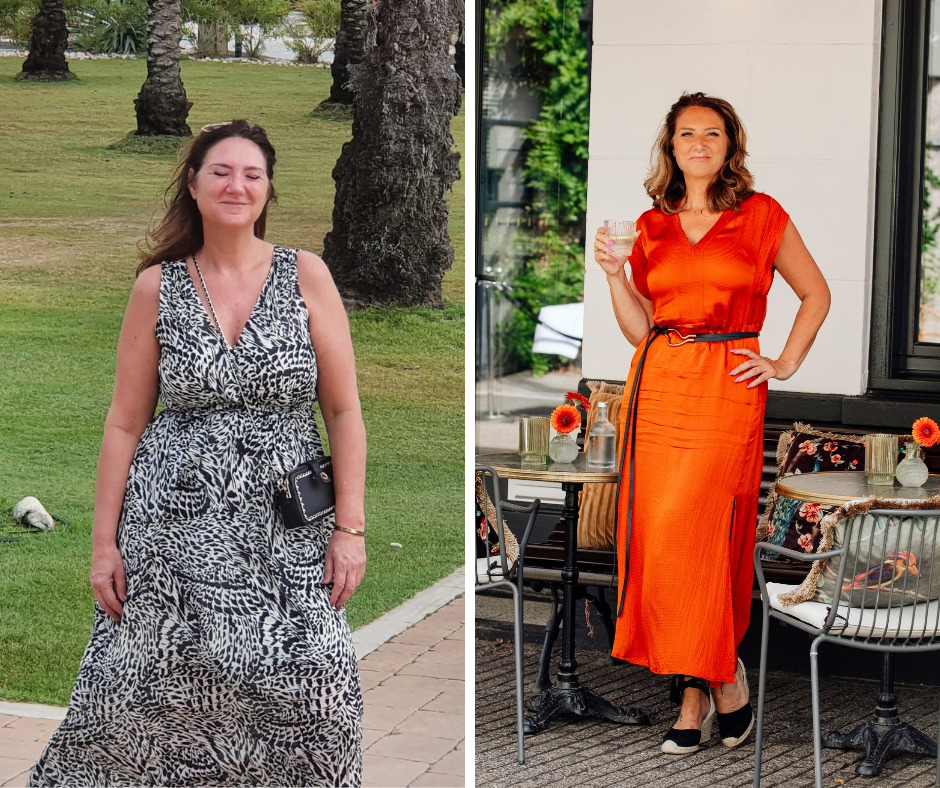 Een vergelijking naast elkaar van een persoon die buiten een maxi-jurk met print draagt, en een persoon die aan tafel een effen oranje jurk draagt.