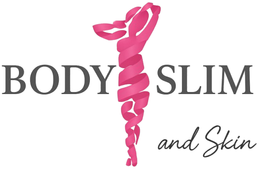 Logo voor Body Slim and Skin met een gestileerde roze lintfiguur tussen de woorden