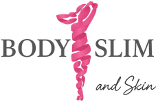 Logo voor Body Slim and Skin met een gestileerde roze lintfiguur tussen de woorden 