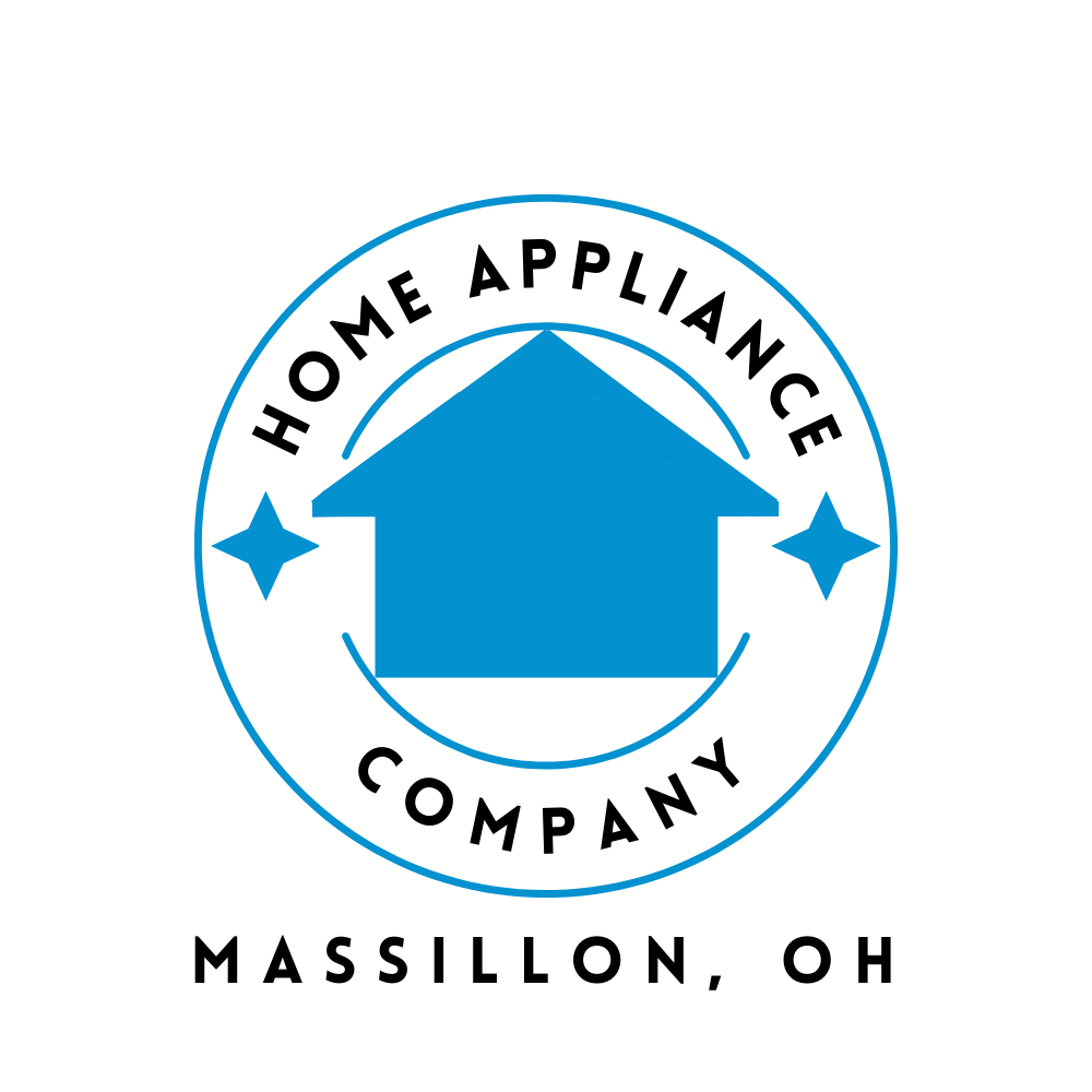 Logo for Home Appliance Company in Massillon, OH: Blue house within a circle with text and star details.