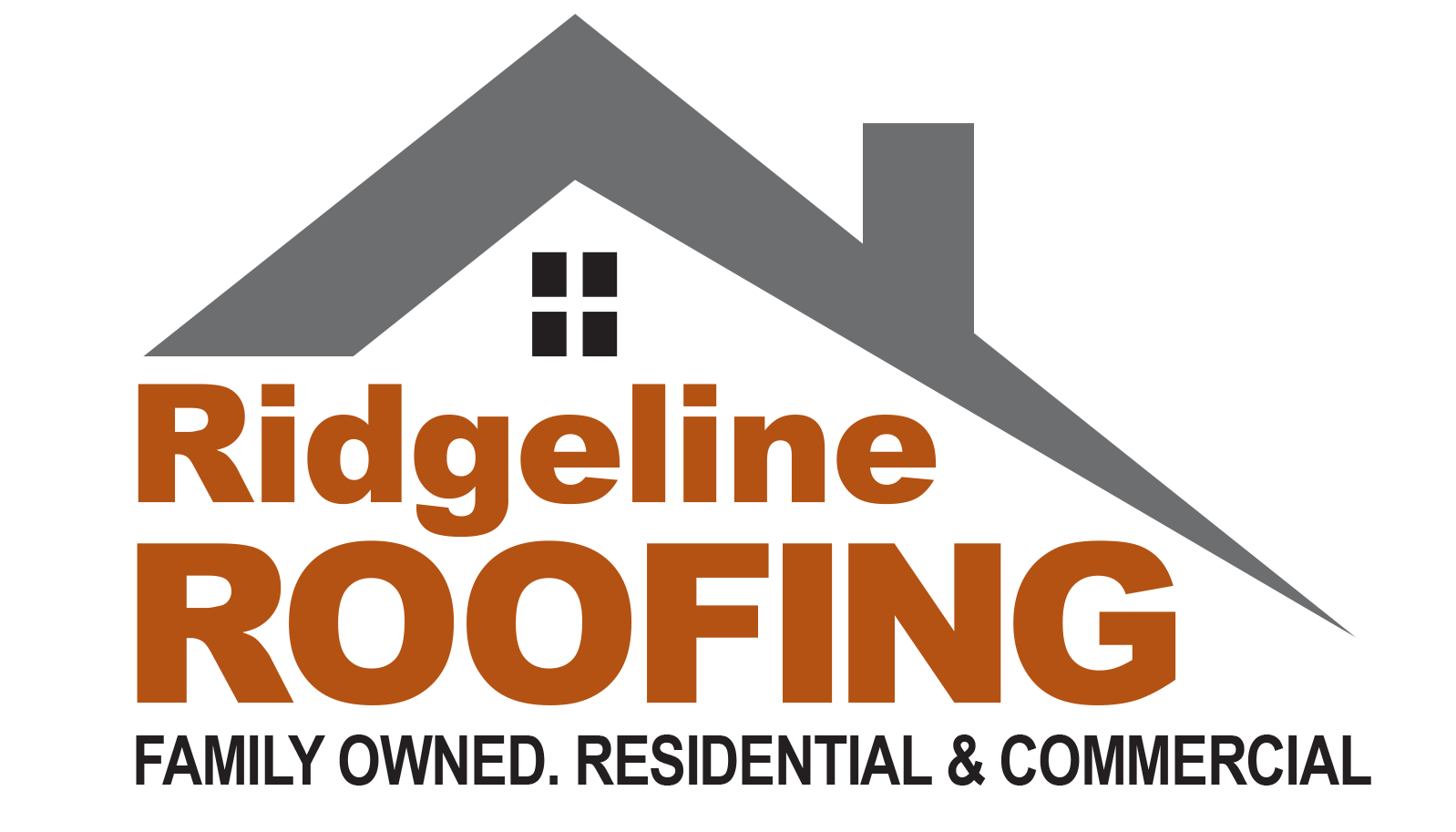 Ridgeline Roofing logo with gray roof and orange text, “Family Owned. Residential & Commercial”
