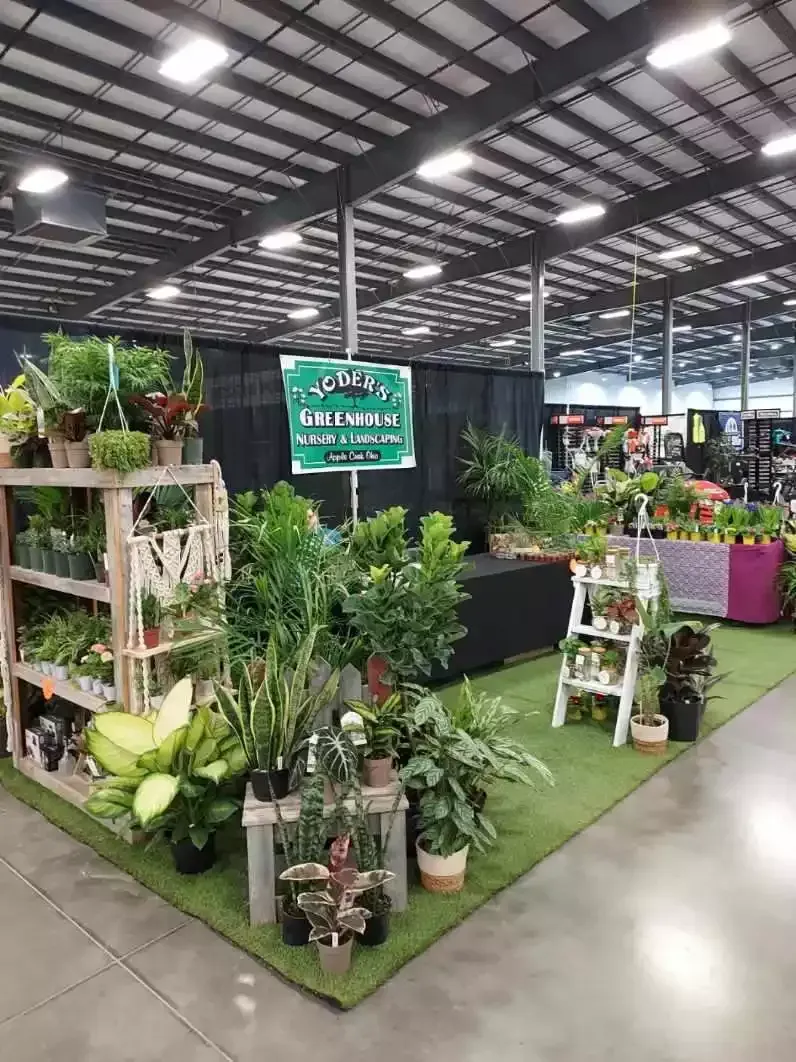 Plant display at a trade show with a variety of green plants and a green turf floor.
