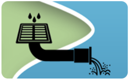 Storm water entering a drain and discharges from an outfall pipe to a creek.