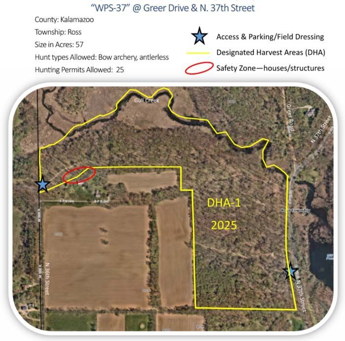 Aerial map of hunting area outlined in yellow with marked access point, safety zone, and labeled field.