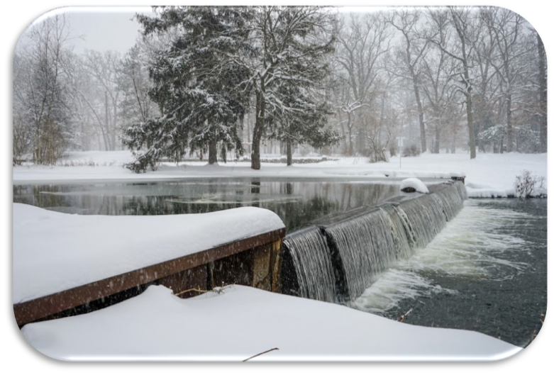Snowy park with a small waterfall flowing over a stone ledge into a dark pond, trees in the background.