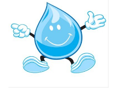 Cartoon blue water droplet with a smiling face, arms, and legs, waving and walking.