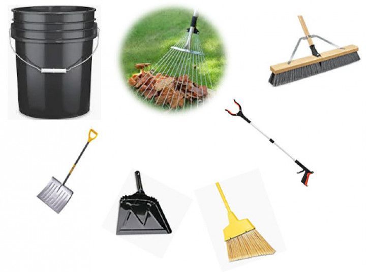 Assorted garden tools: black bucket, rakes, dustpan, shovel, and hoe on a white background