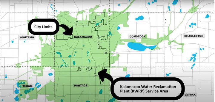 A map showing the city limits of kalamazoo encircled by the service area of the Kalamazoo Water Reclamation Plant (KWRP)