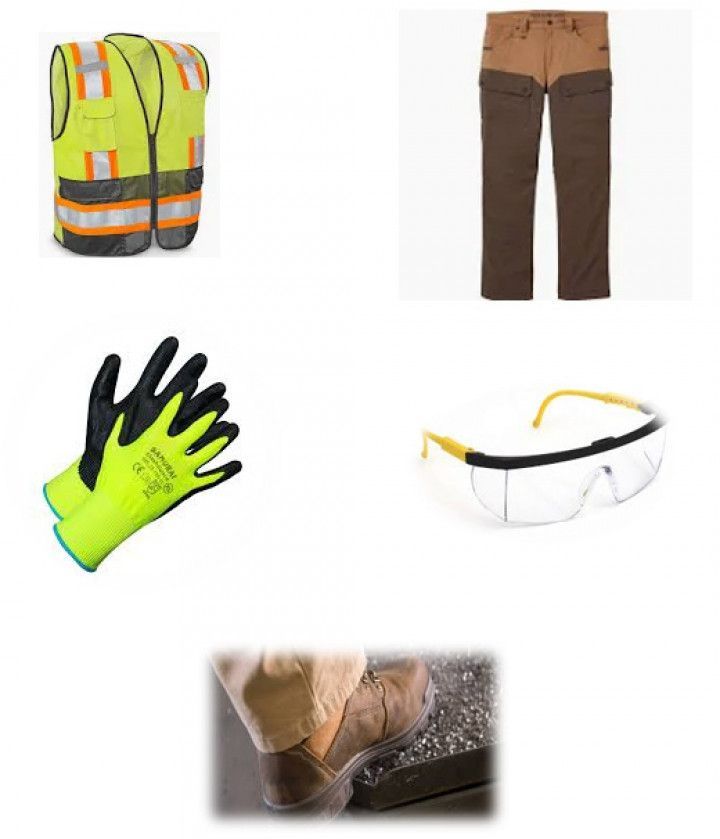 Safety gear set: hi-vis vest, work pants, gloves, safety glasses, and boots.