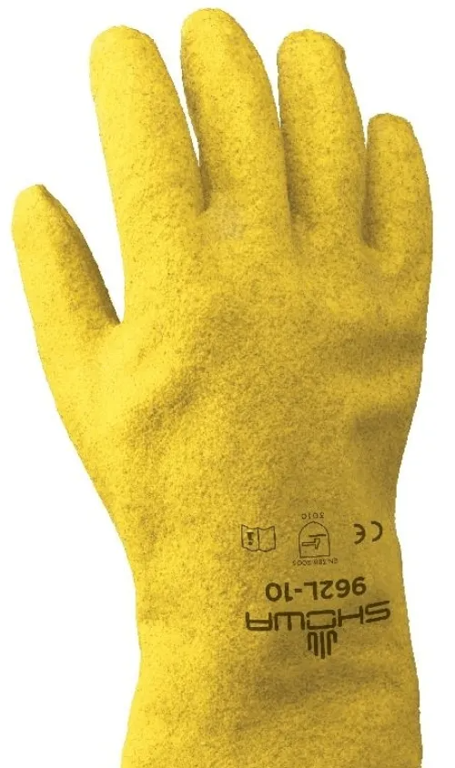 Yellow work glove with black printed markings on the palm side.