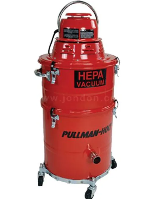 Red HEPA vacuum cleaner on wheels with black hose ports and handle, labeled Pullman-Holt