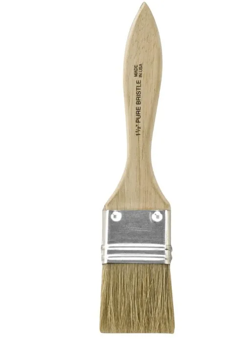 Beige paintbrush with metal ferrule and bristles on a white background