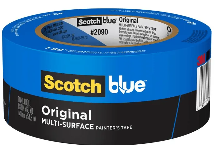 Blue ScotchBlue Original multi-surface painter’s tape roll with black label and yellow logo