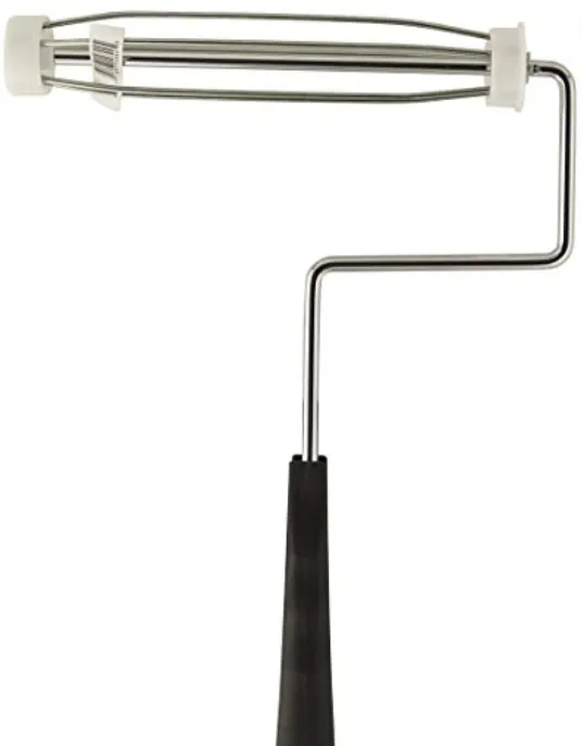 Paint roller with white frame and black handle against a white background