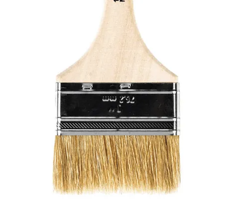 Paintbrush with wooden handle, black ferrule, and light bristles on a white background