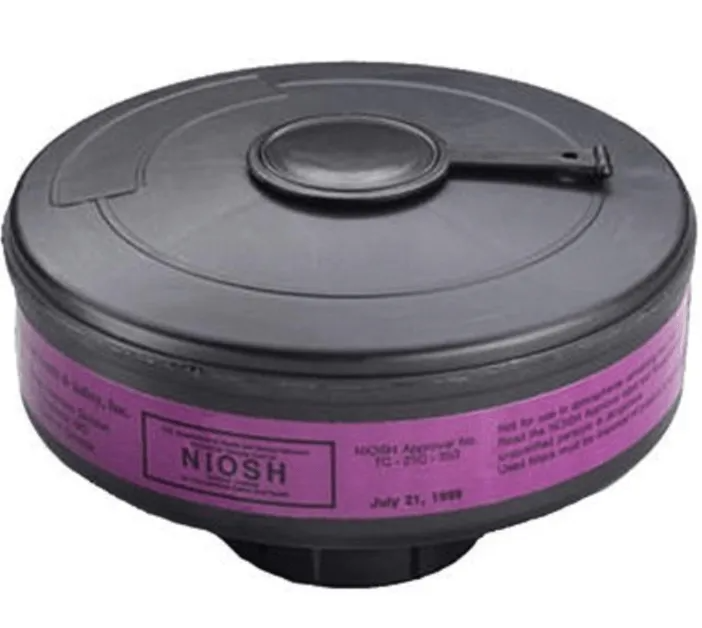 Black NIOSH respirator filter canister with purple label and top cap