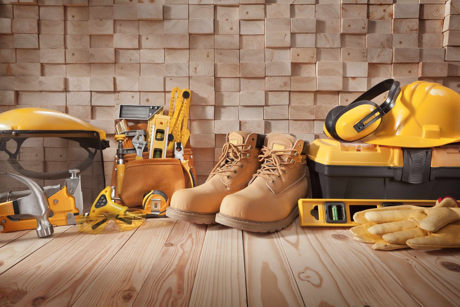 Construction tools and work boots on a wooden floor against a brick wall, with yellow hard hats.