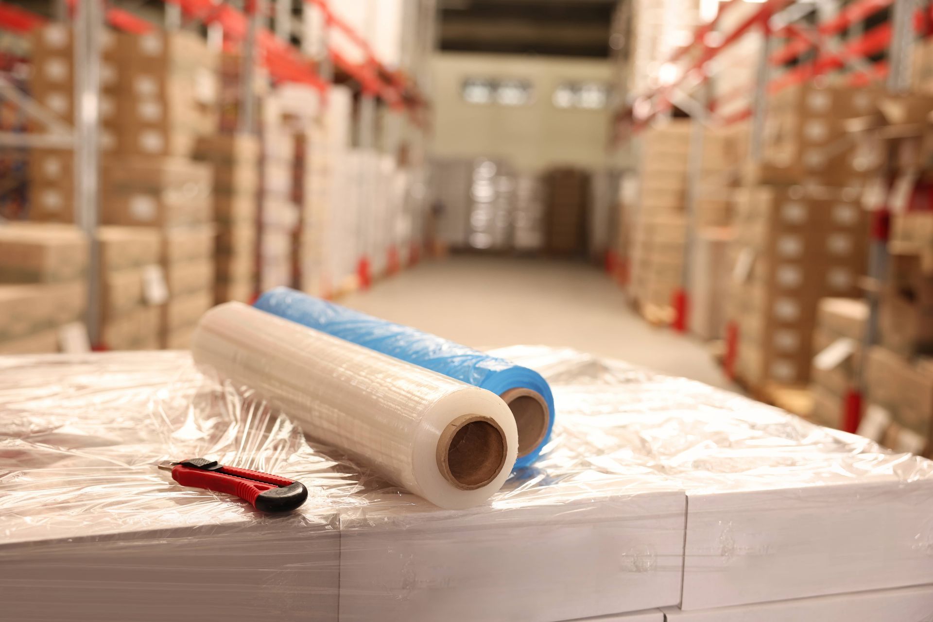 Stretch wrap roll and box cutter on a pallet in a warehouse aisle
