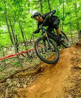 Mountain biker riding down a dirt trail in a forest, leaning into a turn.