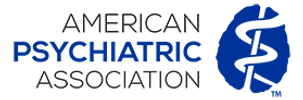 The American Psychiatric Association logo features the organization's name next to a blue brain icon with a serpent.