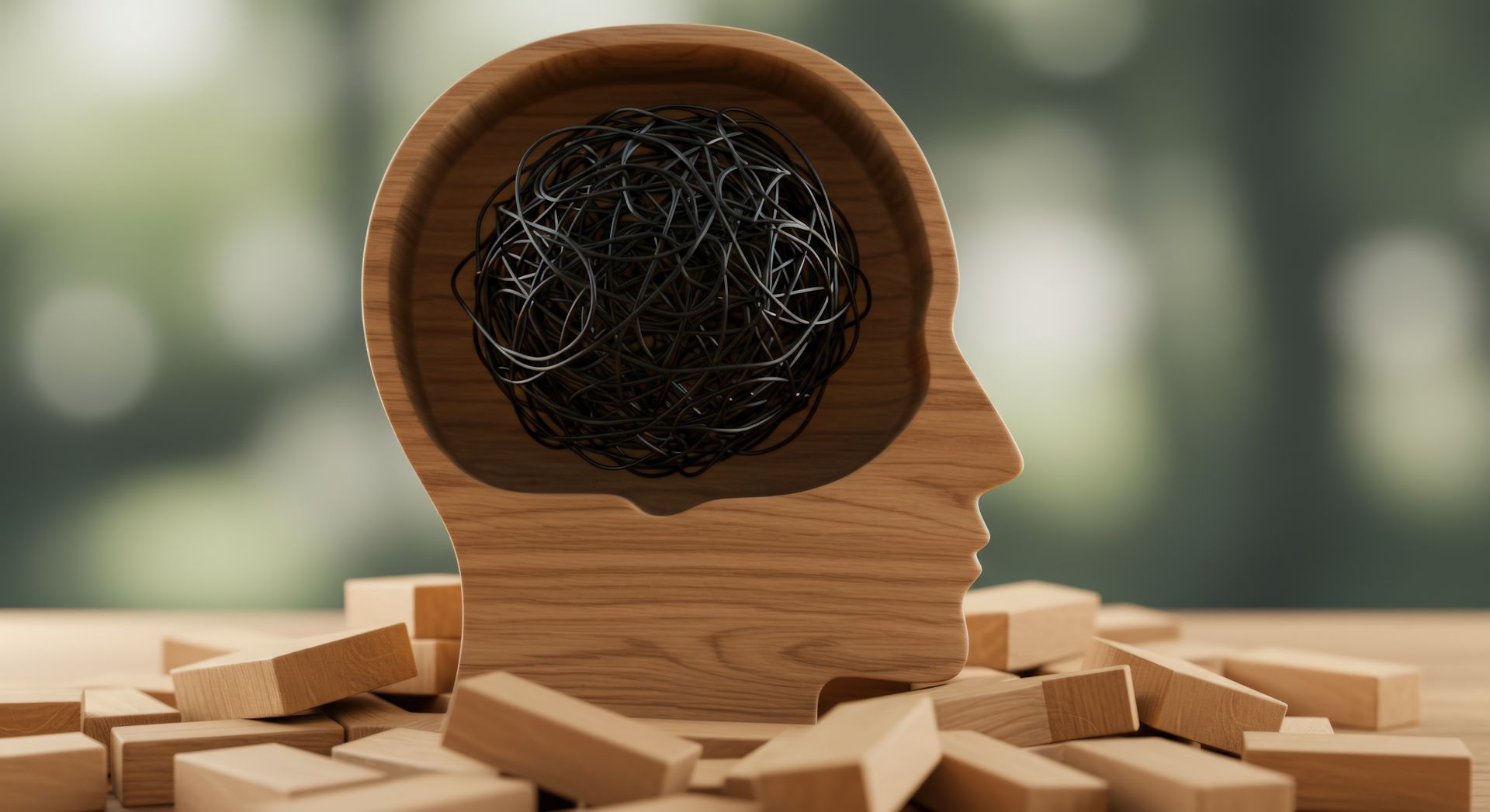 A wooden head cutout with a tangled black wire ball inside, surrounded by wooden blocks on a table.