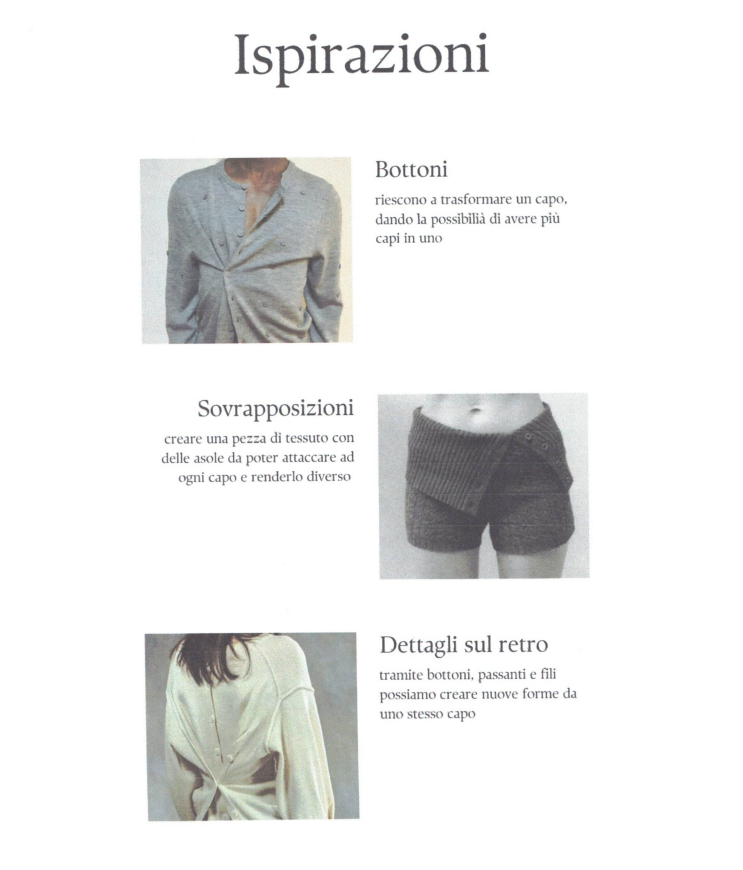 Ispirazione per il design della moda: maglietta con chiusura obliqua, pantaloncini a strati e bottoni a vista, e dettaglio sulla schiena.