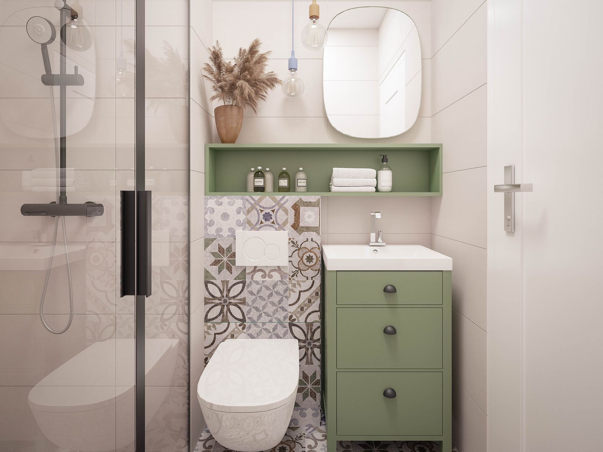 A bathroom with a toilet , sink , mirror and shower.