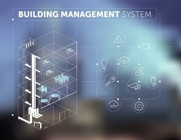 Building management system dashboard with building blueprint and control icons on a blue background