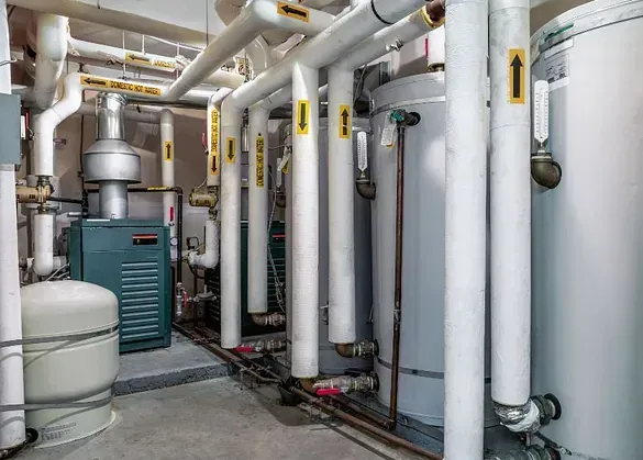Industrial mechanical room with white pipes, boilers, and tanks along a narrow corridor