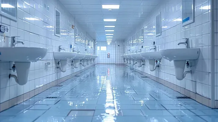 Empty tiled restroom with rows of white sinks and bright overhead lights reflecting on the floor