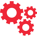 Three red gears on a white background, one large gear and two smaller gears