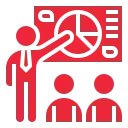 Red presentation icon showing a person beside a chart with three audience figures on a screen.