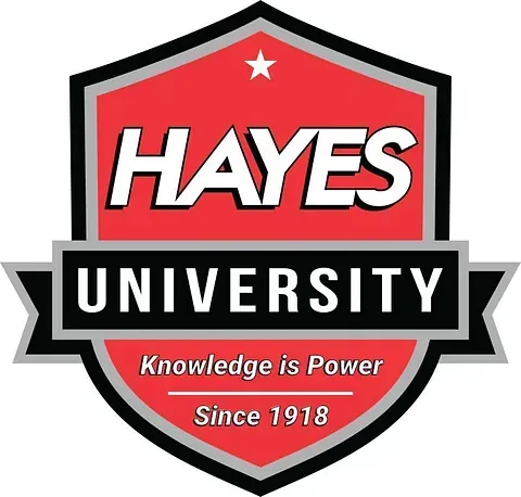 Hayes University logo in red, black, and white with “Knowledge is Power” and “Since 1918” text