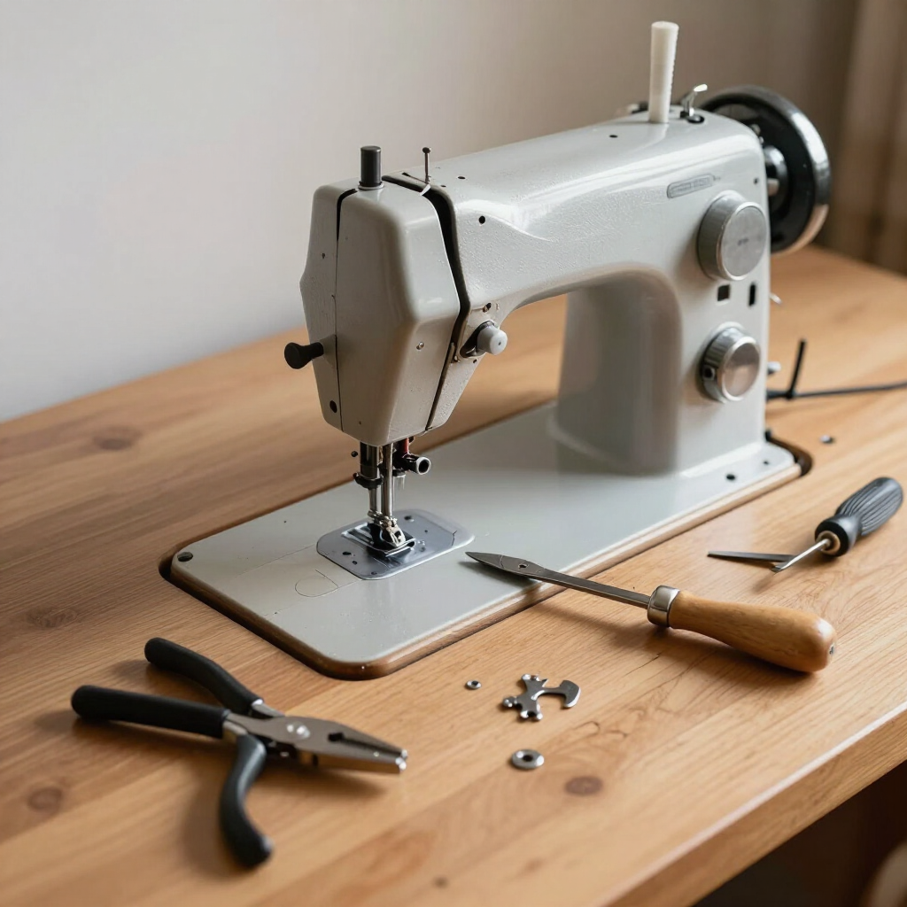 Máquina de coser blanca sobre una mesa de madera con herramientas y tornillos sueltos, lo que sugiere que se necesita reparación o mantenimiento.