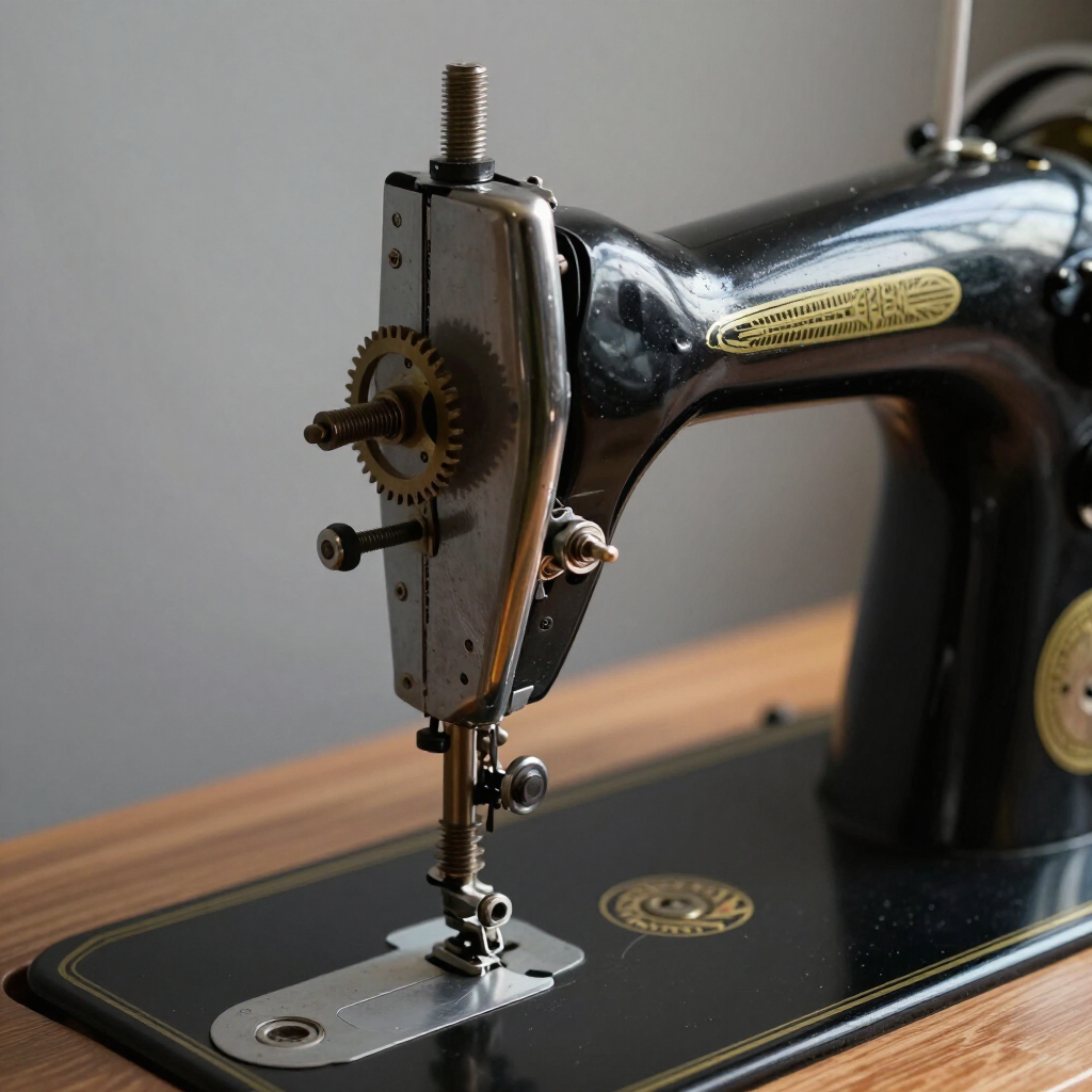 Primer plano de una máquina de coser negra antigua sobre una mesa de madera.