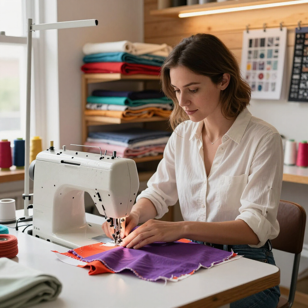 Mujer cosiendo tela de colores en una máquina de coser en un taller de manualidades.