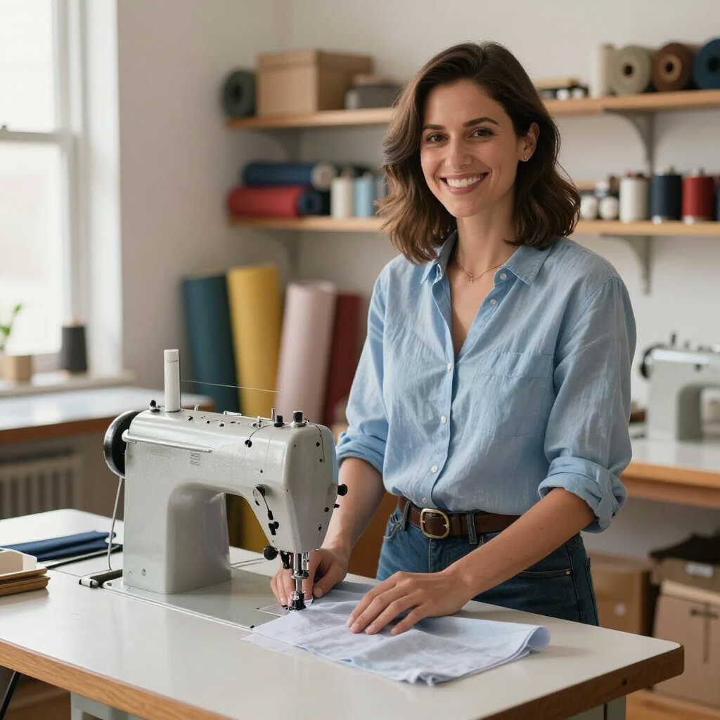 Mujer cosiendo tela en una mesa de trabajo en un luminoso taller de costura, sonriendo junto a una máquina de coser.