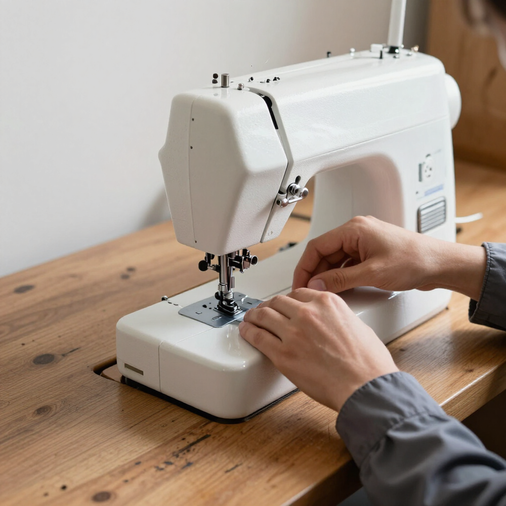 Manos guiando la tela bajo una máquina de coser blanca sobre una mesa de madera.