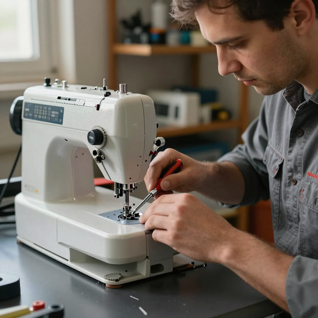 Una persona cose en una máquina de coser blanca en un taller, ajustando la tela con una herramienta roja.
