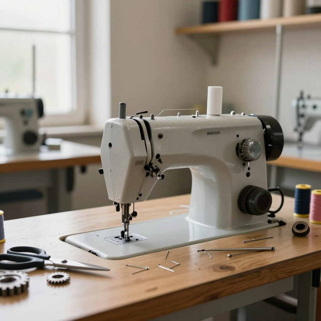 Máquina de coser blanca sobre una mesa de madera con tijeras, carretes de hilo y pequeños engranajes en un taller.