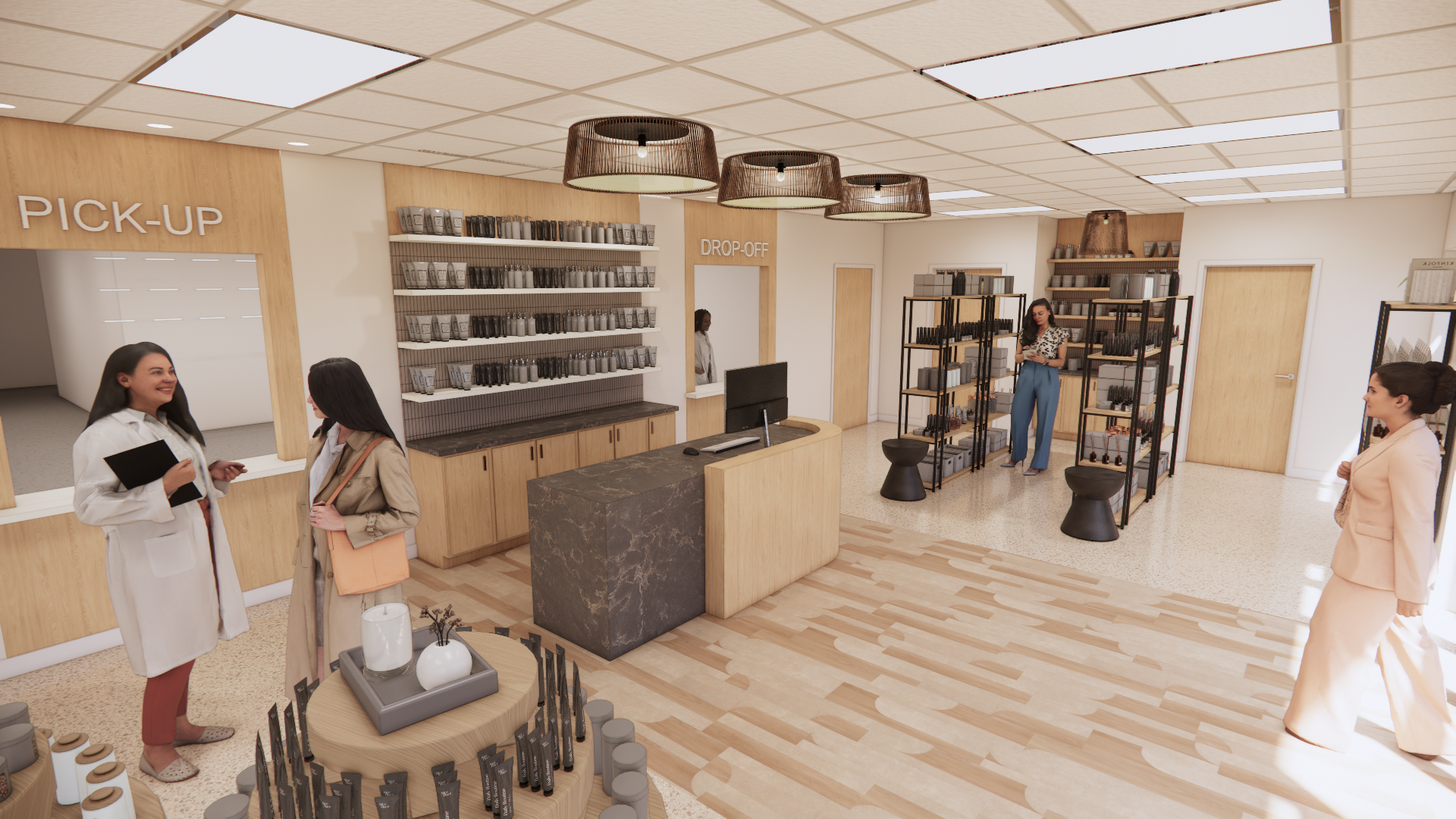 An artist 's impression of a pharmacy with a pickup area.