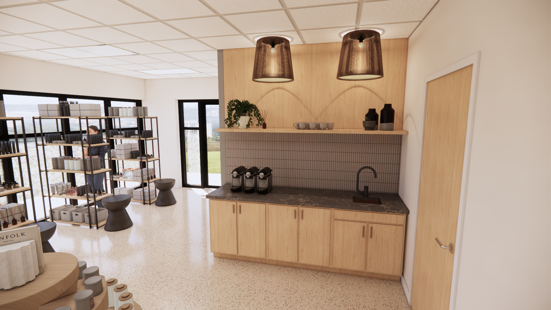 An artist 's impression of a kitchen with wooden cabinets and a sink.